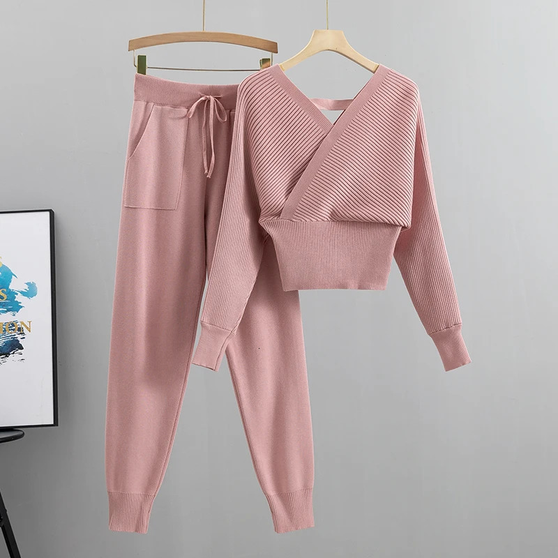 Elegant Tracksuit Sexy Two Piece Set Women Korean Style Ribbed Knitted Backless Top And Long Harem Pant Suit Autumn Outfits y2k 240106
