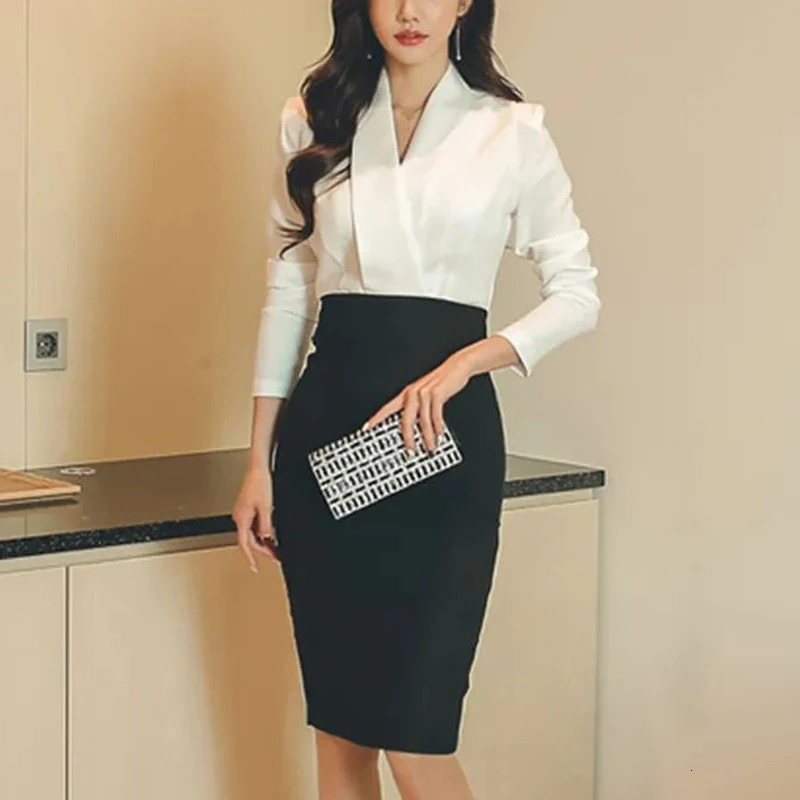 Summer Office Lady Elegant Fashion Patchwork Bodycon Dress Female Temperament Long Sleeve Waist Robe Women's V-neck Vestidos 240106