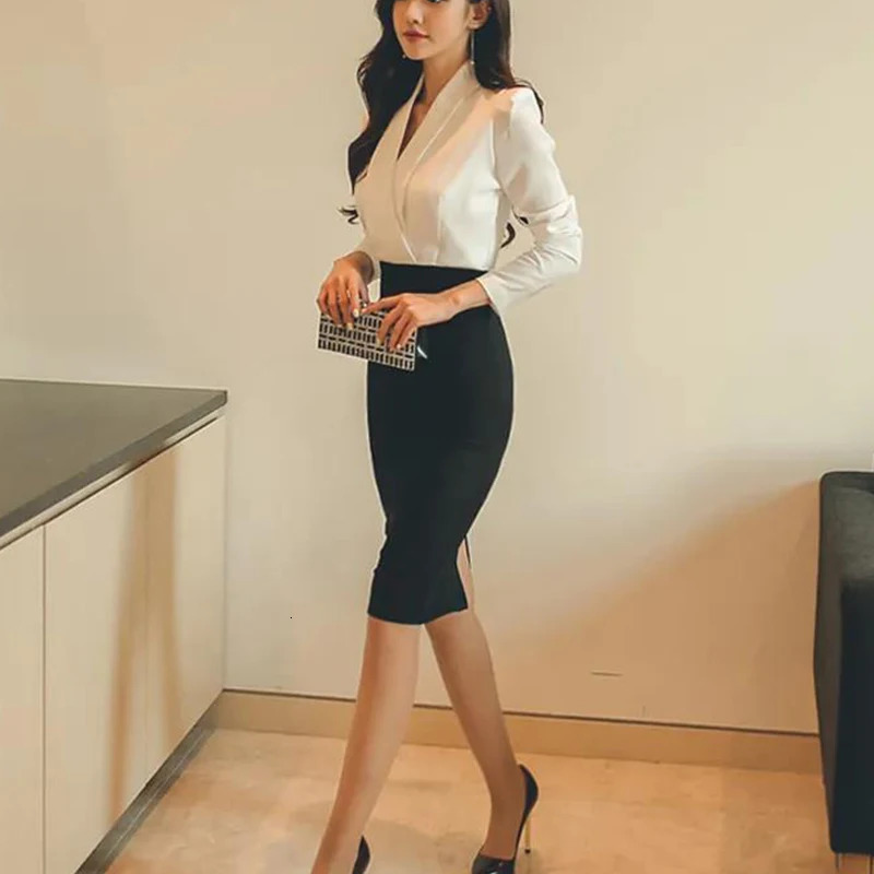Summer Office Lady Elegant Fashion Patchwork Bodycon Dress Female Temperament Long Sleeve Waist Robe Women's V-neck Vestidos 240106