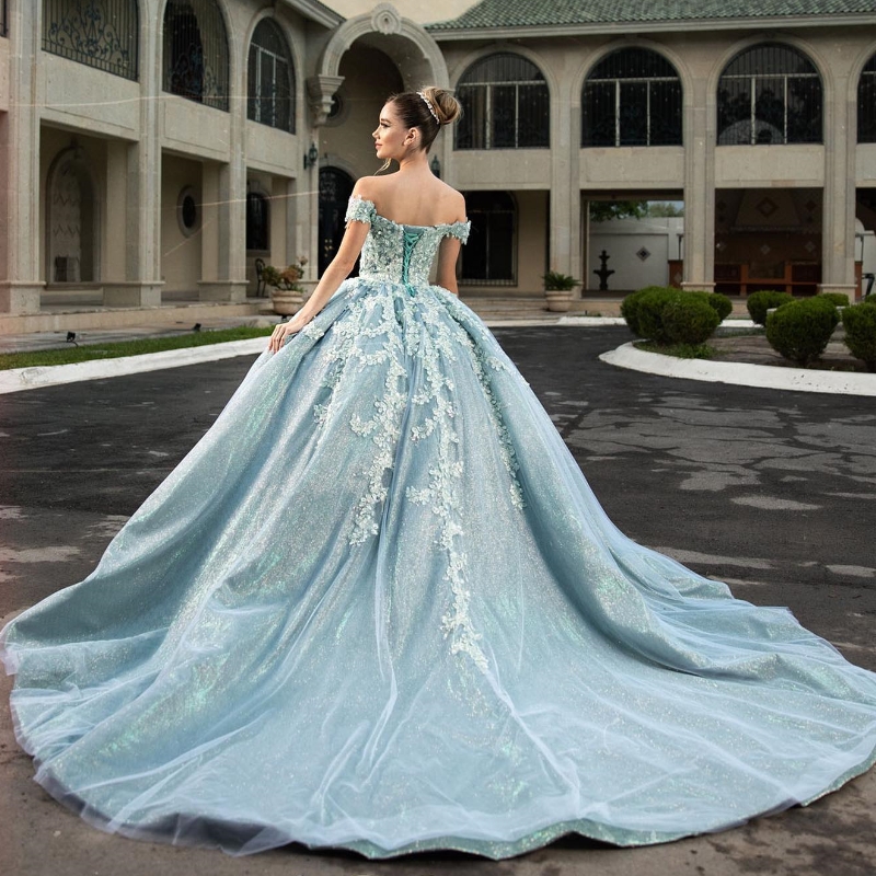 Sexy Off the Shoulder Ball Gown Quinceanera Dresses Cathedral Train Applique Lace Beads ral Corset vestidos 15 de xv anos modernos