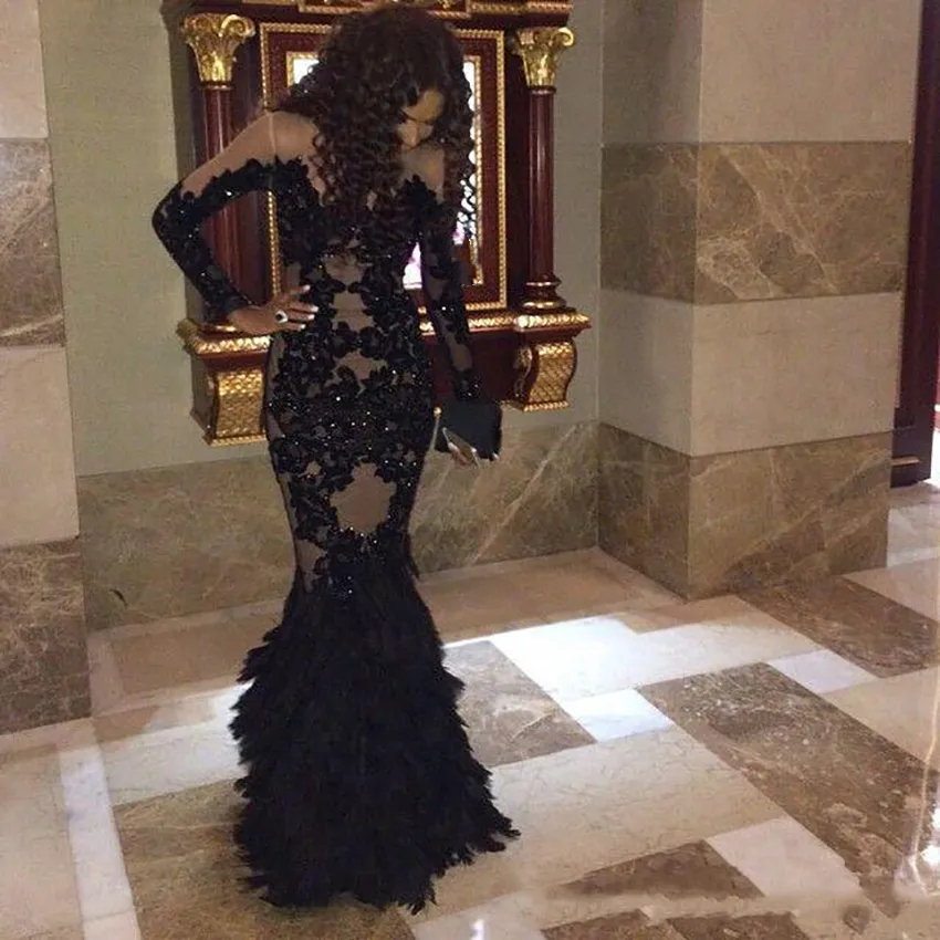 Sexy Black Feathers Mermaid Prom Dresses For Black Girls Lace Appliques Floor Length Long Sleeves Special Occasion Gowns Illusion African Evening Dres