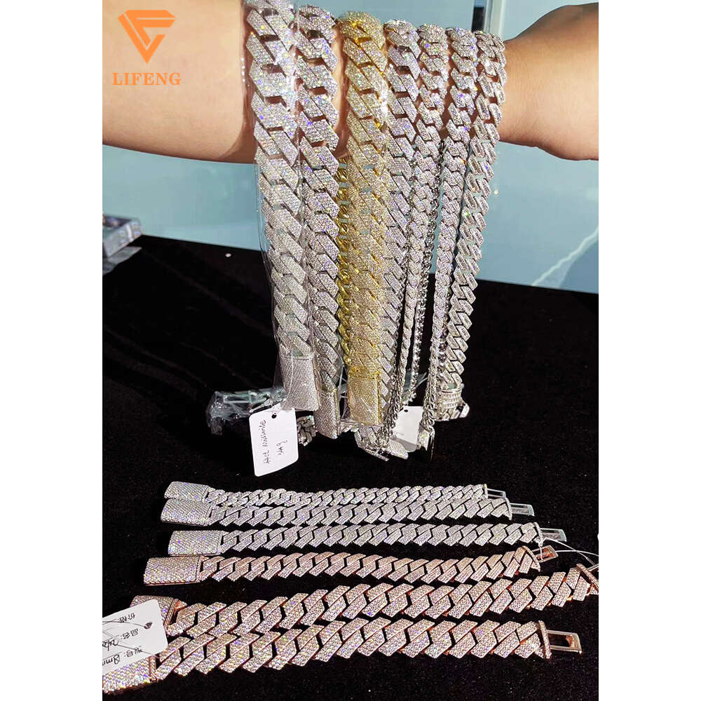 Fashion Jewelry Bracelet 12mm 15mm 18mm 20mm S925 Silver Full Iced Out Vvs Moissanite Diamond Necklace Custom Cuban Link Chain