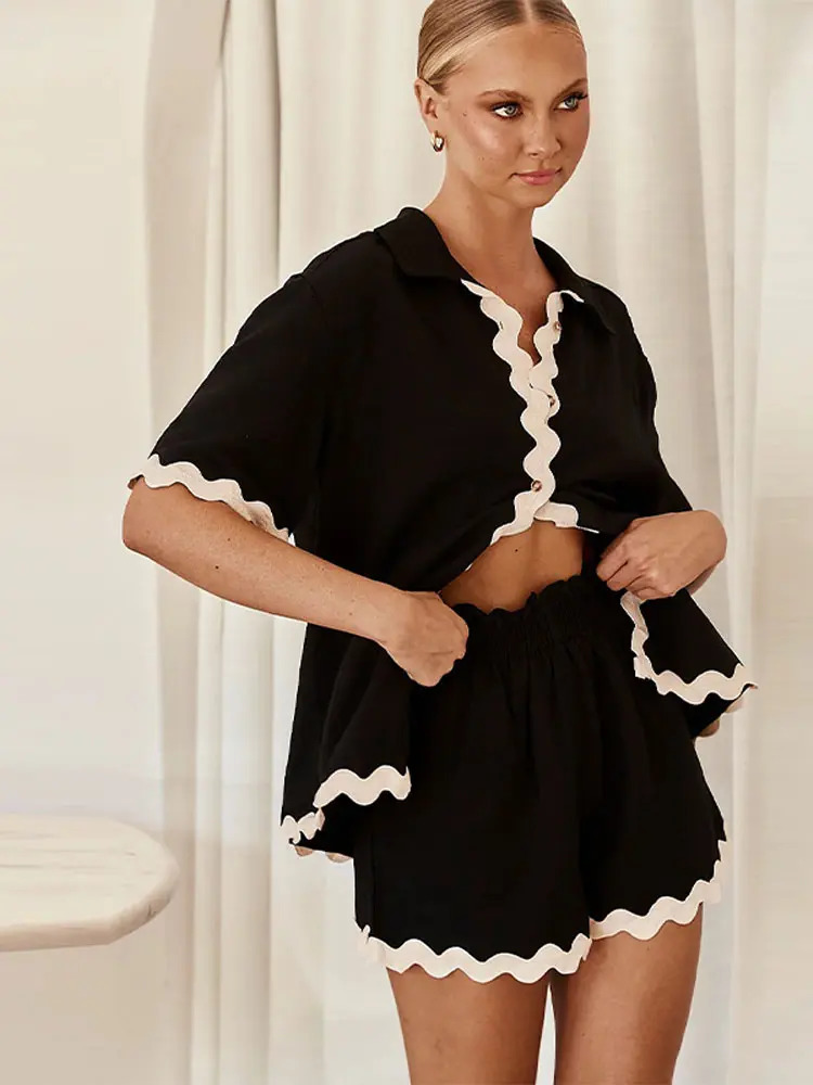 Fashion Patchwork Shirt Shorts Set For Women Casual Female Lapel Short Sleeve Shirt Loose Shorts Spring Summer 2 Pieces Set 240106