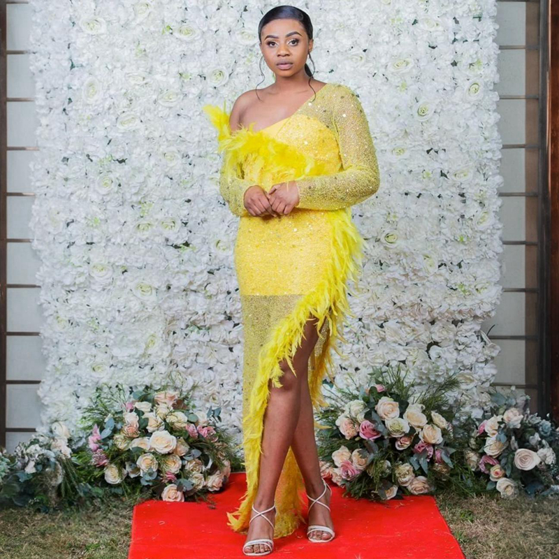 Plus Size Aso Ebi Prom Yellow Mermaid Asymmetrical Feathered Lace Evening Dresses for Special Ocns Birthday Party Gowns Second Reception Dress ST762