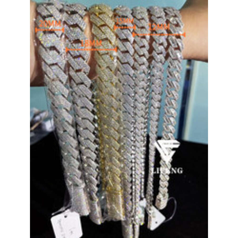 Fashion Jewelry Bracelet 12mm 15mm 18mm 20mm S925 Silver Full Iced Out Vvs Moissanite Diamond Necklace Custom Cuban Link Chain