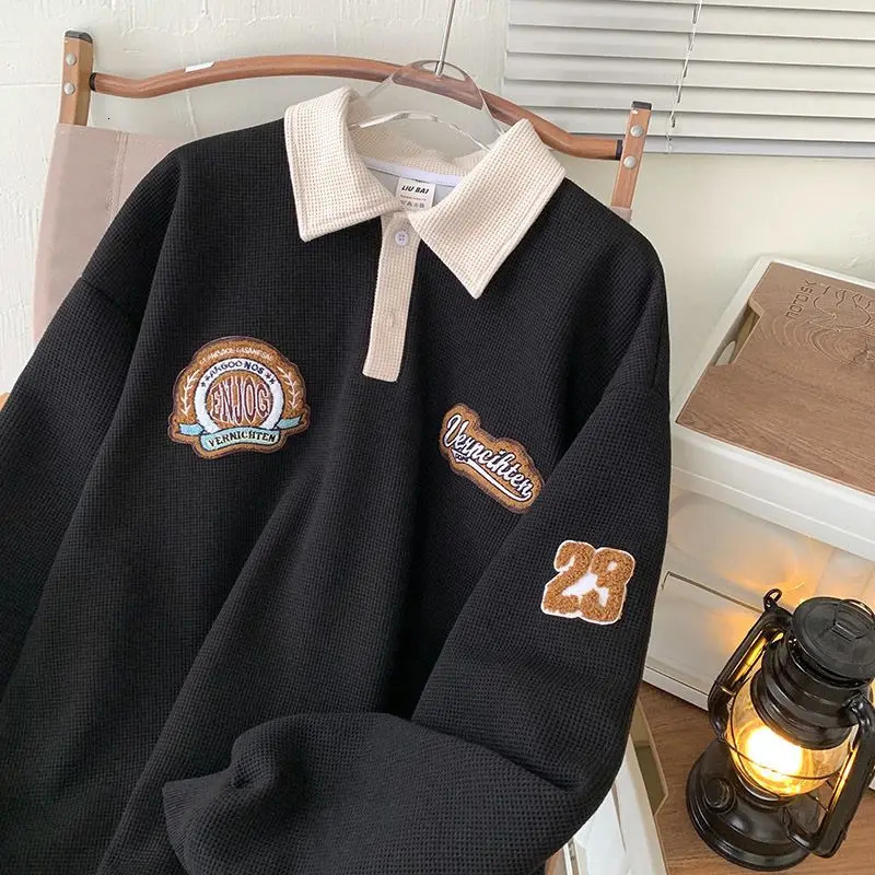 Trendy hip-hop waffle polo thin sweater for men and women in autumn retro loose fitting couple casual long sleeves harajuku y2k 240106