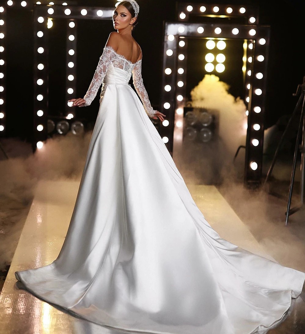 2024 Modern Wedding Dress Detachable Train Off Shoulder Long Sleeves Sweetheart Mermaid Bridal Gowns Vestido De Novia Custom Made D0306