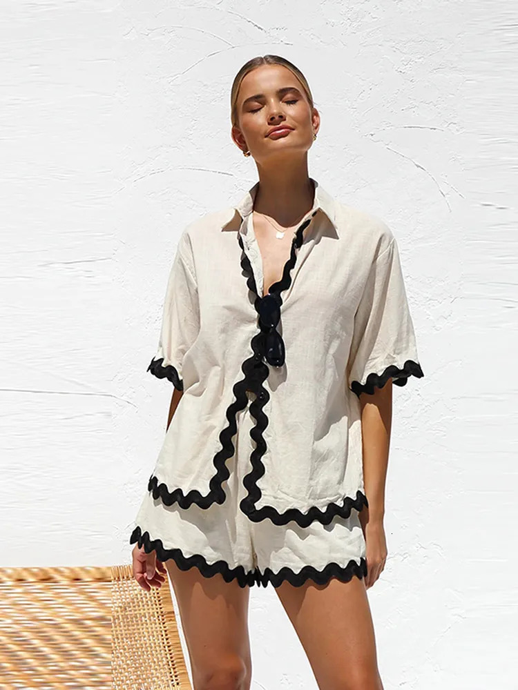 Fashion Patchwork Shirt Shorts Set For Women Casual Female Lapel Short Sleeve Shirt Loose Shorts Spring Summer 2 Pieces Set 240106