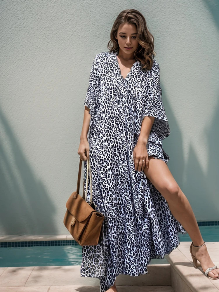 Leopard Self Belted Side Split Summer Beach Dress Long Tunic Women Clothes Plus Size Beachwear Maxi Dresses Q1226 240106