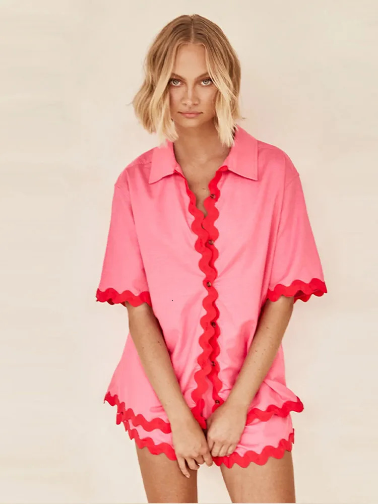Fashion Patchwork Shirt Shorts Set For Women Casual Female Lapel Short Sleeve Shirt Loose Shorts Spring Summer 2 Pieces Set 240106