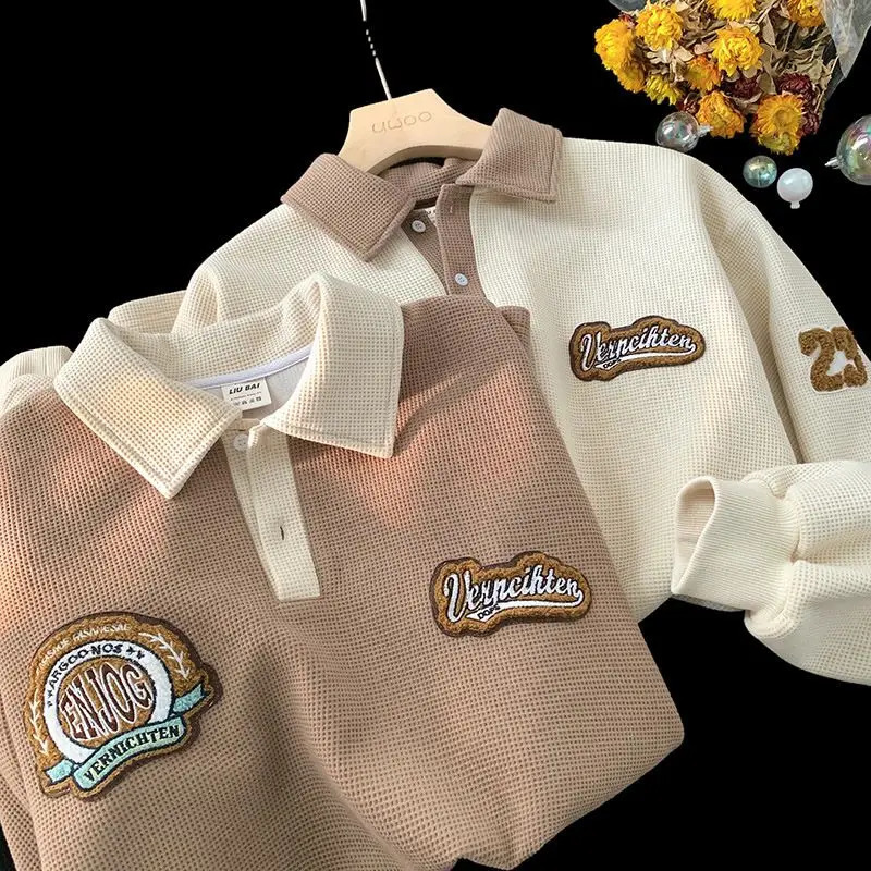 Trendy hip-hop waffle polo thin sweater for men and women in autumn retro loose fitting couple casual long sleeves harajuku y2k 240106