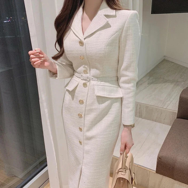 WDMSNA Tweed Long Dress Women Korean Chic French Style Suit Collar Metal Vestidos Single Breasted Lace Up Slim Waist Dresses 240106