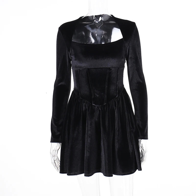 WannaThis Velvet Square Corset A Line Women Formal Dress Bodycon Long Sleeve Year Elegant Autumn Party Sexy Lady Mini Dress 240106