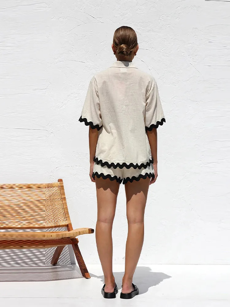 Fashion Patchwork Shirt Shorts Set For Women Casual Female Lapel Short Sleeve Shirt Loose Shorts Spring Summer 2 Pieces Set 240106