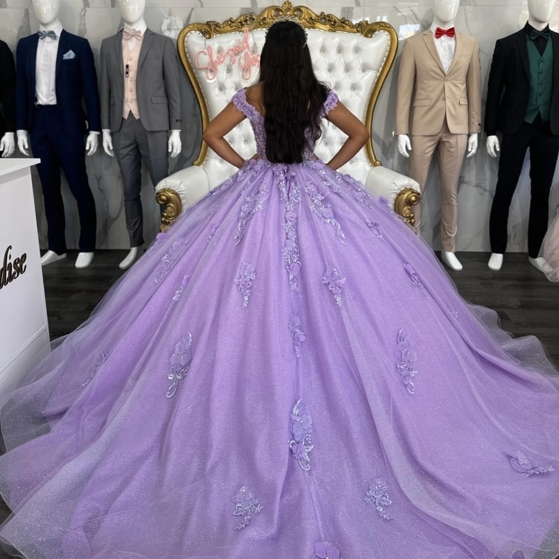 Mexico Purple Off The Shoulder All Gown Quinceanera Dre For Girl Eaded 3D Wer Applique Irthday Party Gown Prom Dree Sweet 16 0702