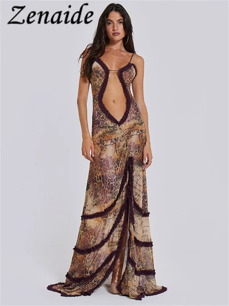 Zenaide Fall Frilly Halter Mesh Print Cut Out Backless Split Maxi Dress Women Elegant Ruched Lace Sexy Sheer Dresses Party Y2K 240106