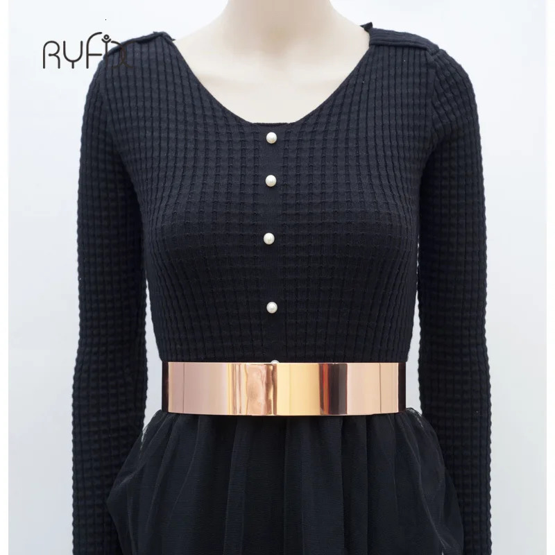 Women Punk Full Metal Mirror Skinny Waist Belt Metallic Rose Gold Plate 2cm 3cm 45cm Wide Chains Ceinture Sashes Dresses 240106