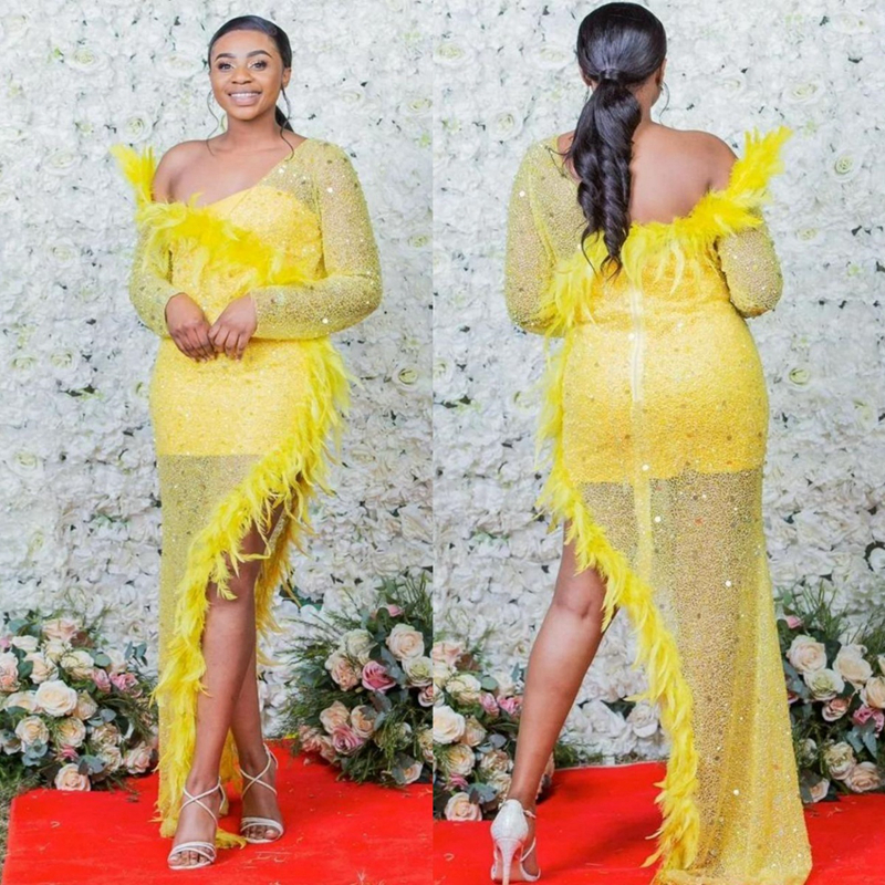 Plus Size Aso Ebi Prom Yellow Mermaid Asymmetrical Feathered Lace Evening Dresses for Special Ocns Birthday Party Gowns Second Reception Dress ST762