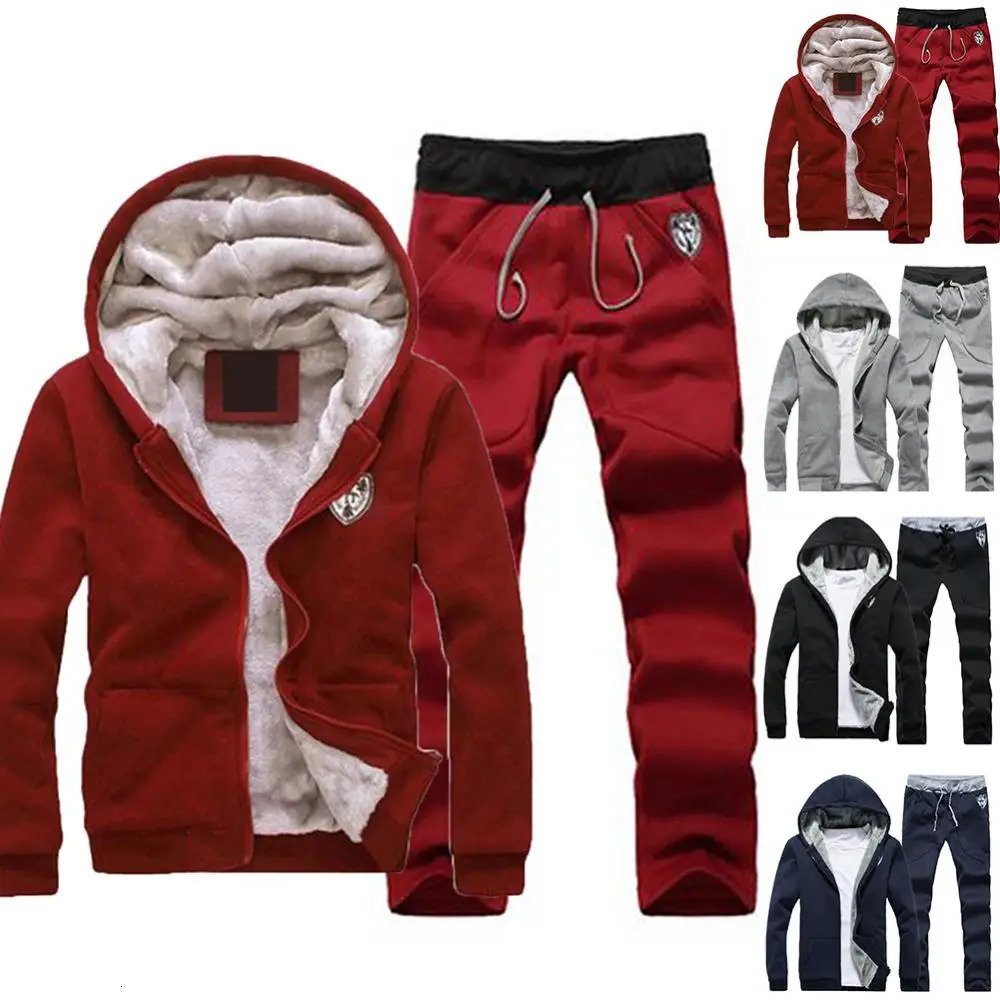 Plus Size Men Casual Warm Tracksuit Fleece Zipper Hooded Coat Drawstring Pants 240106