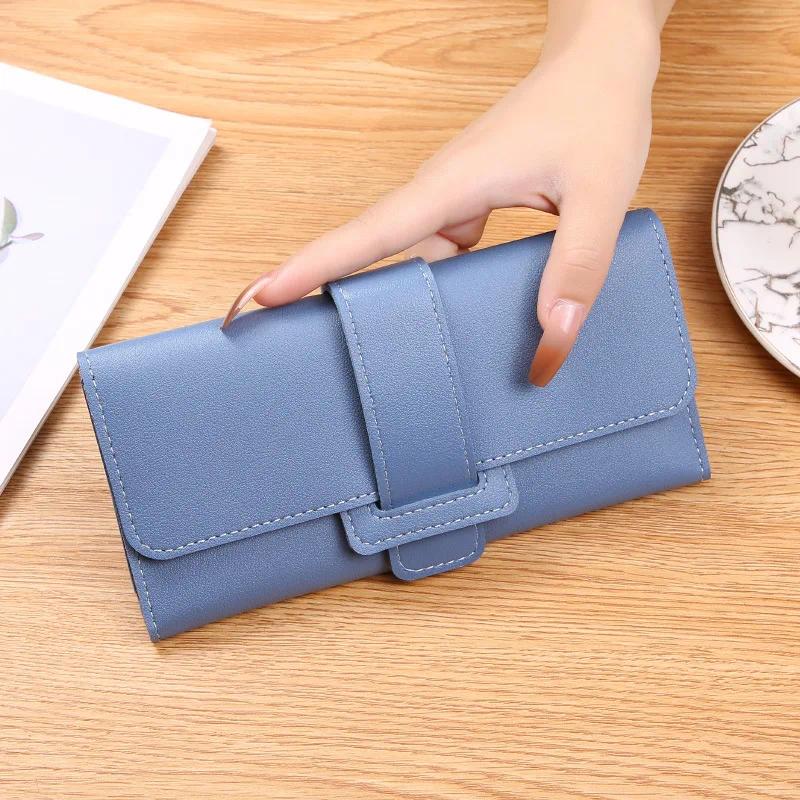 Wallets Multifunctional Snap Button PU Leather Women Long Hasp Fold-over Coin Purses Solid Colors Ladies Thin Clutch Phone Bag