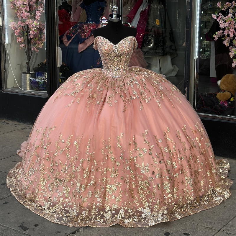 Princess Pink Puffy Quinceanera Dresses Off Shoulder Gold Applique Beads Tull Lace Up Corset Cathedral Train Vestido De Anos