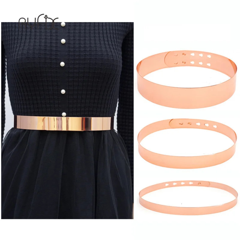 Women Punk Full Metal Mirror Skinny Waist Belt Metallic Rose Gold Plate 2cm 3cm 45cm Wide Chains Ceinture Sashes Dresses 240106