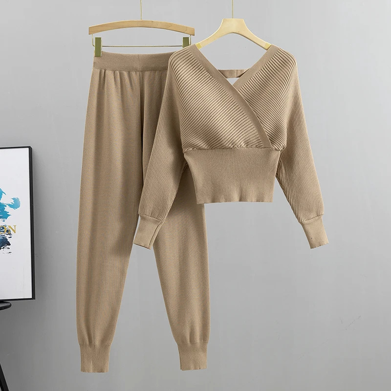 Elegant Tracksuit Sexy Two Piece Set Women Korean Style Ribbed Knitted Backless Top And Long Harem Pant Suit Autumn Outfits y2k 240106