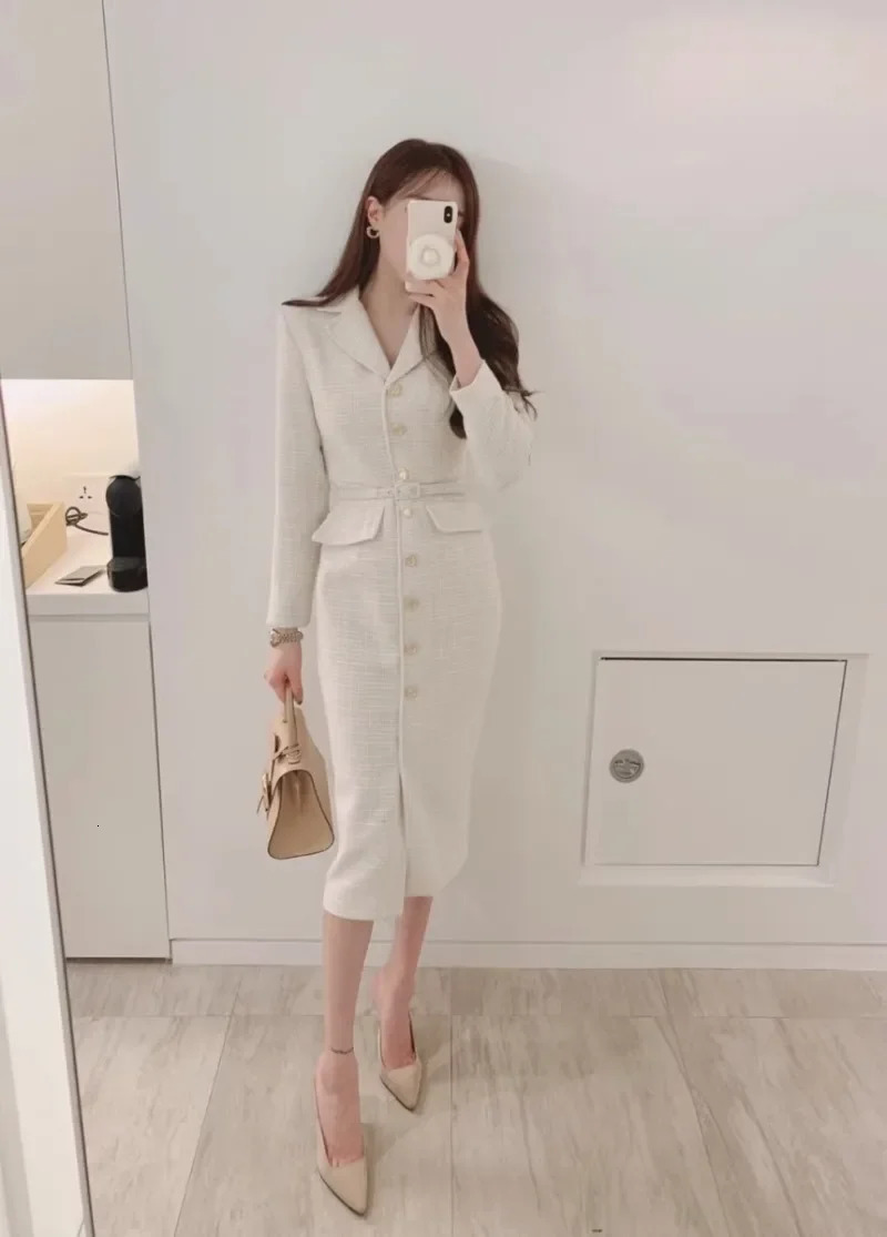 WDMSNA Tweed Long Dress Women Korean Chic French Style Suit Collar Metal Vestidos Single Breasted Lace Up Slim Waist Dresses 240106