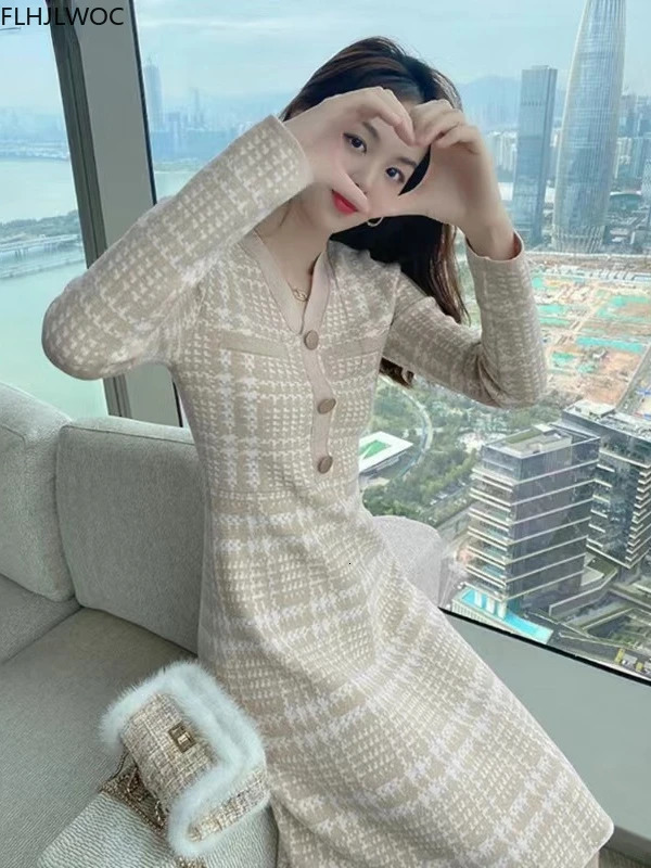 Stretchy Women Knitted Bodycon Sweater Pullover Dress Autumn Winter Vestidos Long Sleeve Slim Lady Chic Korean Plaid Dress 240106