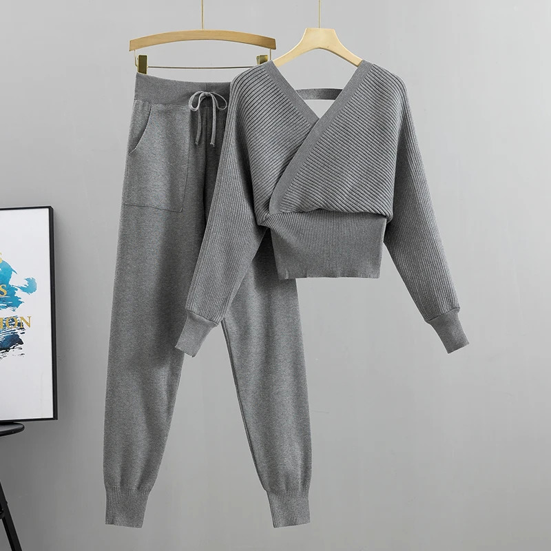 Elegant Tracksuit Sexy Two Piece Set Women Korean Style Ribbed Knitted Backless Top And Long Harem Pant Suit Autumn Outfits y2k 240106