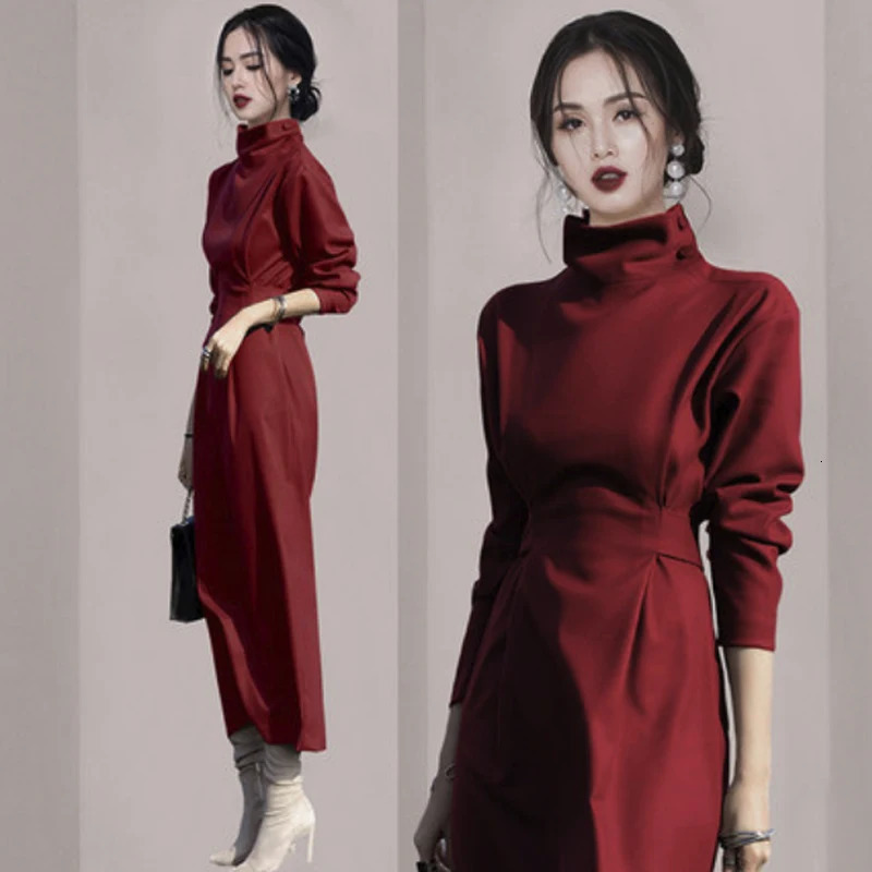 Autumn Elegant OL Temperament Long Dress Women Turtleneck Lace Up Solid Colour Party Dress Korean Vintage Female Clothes 240106