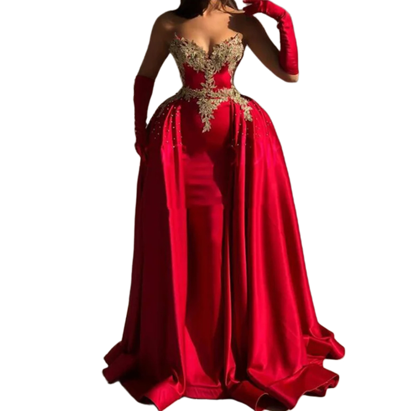 Prom Mermaid Sexy Red Dresses With Detachable Train Gold Lace Appliques Beaded Sweetheart Neck Corset Formal Evening Gowns For Women Pageant Party 666