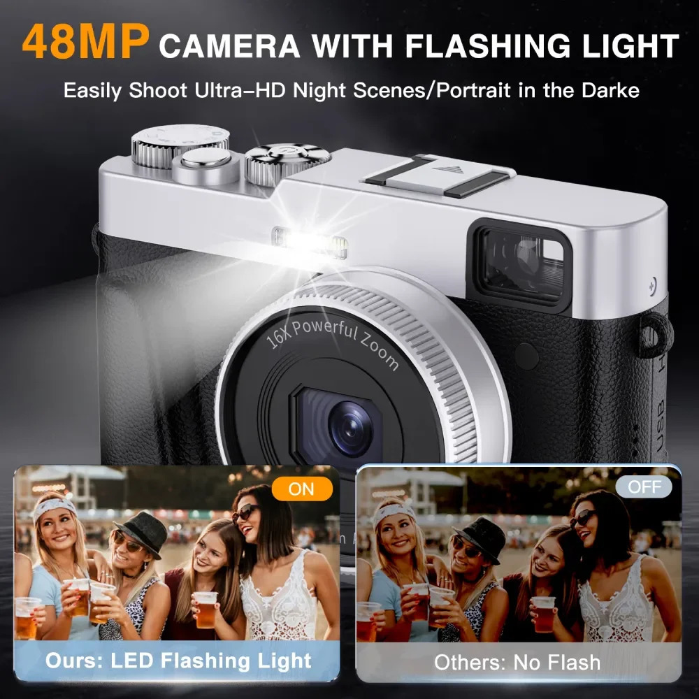 4K Digital Camera Auto Focus 48MP Vlogging for and AntiShake Video Autofocus with Viewfinder Flash Dial 240106