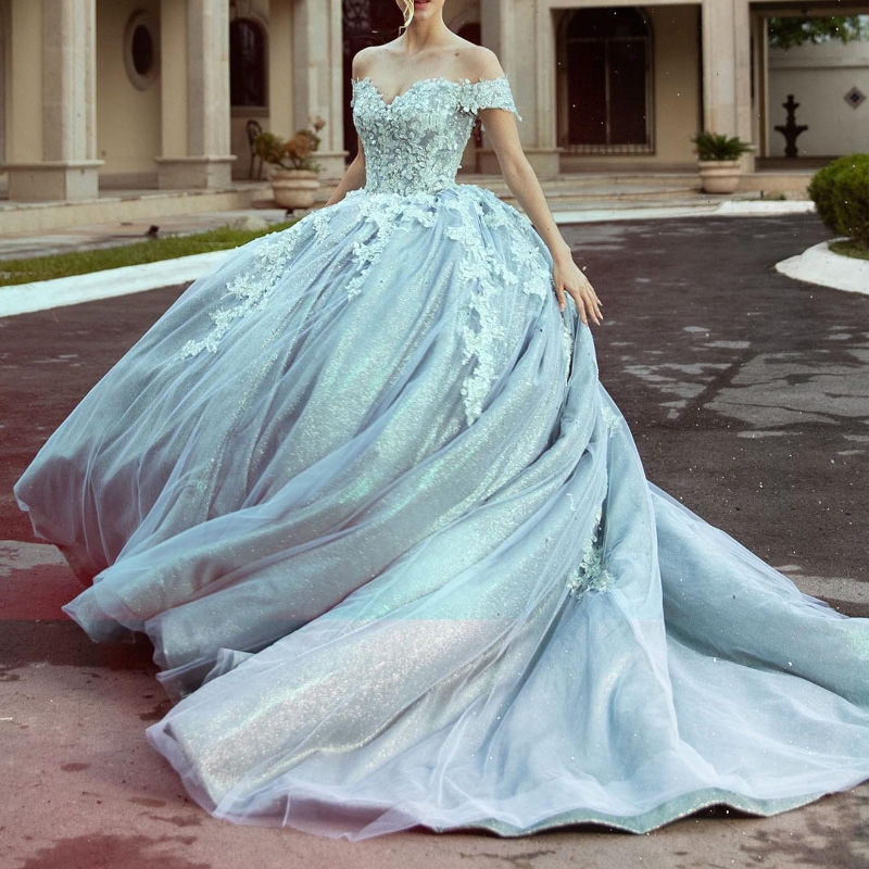 Sexy Off the Shoulder Ball Gown Quinceanera Dresses Cathedral Train Applique Lace Beads ral Corset vestidos 15 de xv anos modernos