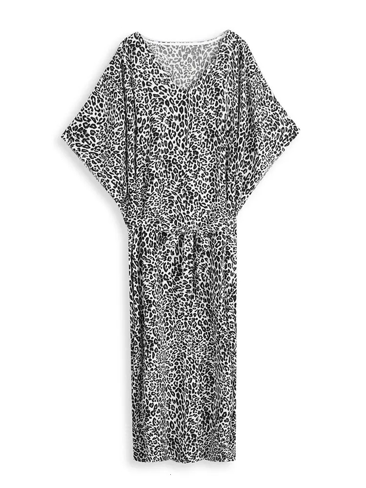 Leopard Self Belted Side Split Summer Beach Dress Long Tunic Women Clothes Plus Size Beachwear Maxi Dresses Q1226 240106