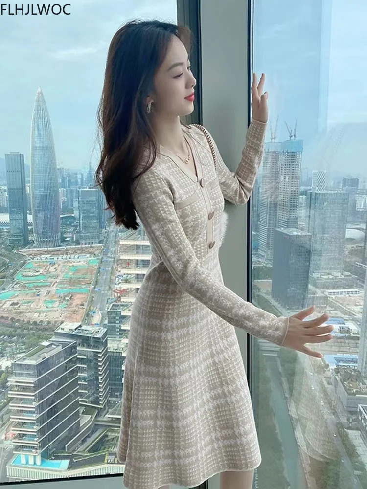 Stretchy Women Knitted Bodycon Sweater Pullover Dress Autumn Winter Vestidos Long Sleeve Slim Lady Chic Korean Plaid Dress 240106