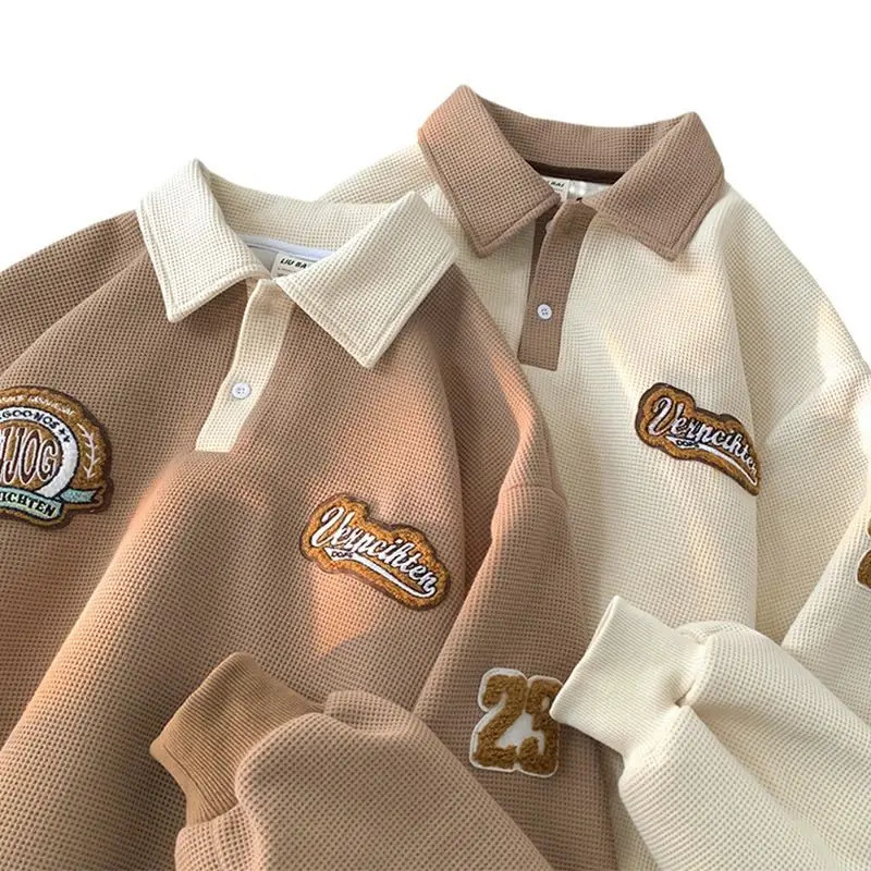 Trendy hip-hop waffle polo thin sweater for men and women in autumn retro loose fitting couple casual long sleeves harajuku y2k 240106