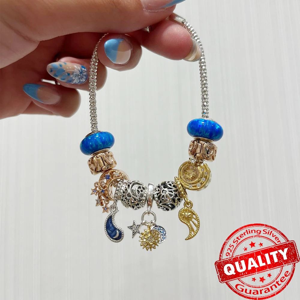 Original 925 Sterling Silver Sun Moon Star Triple Celestial Dangle Charm Fit Pan Bracelet Bangle Fine Jewelry DIY