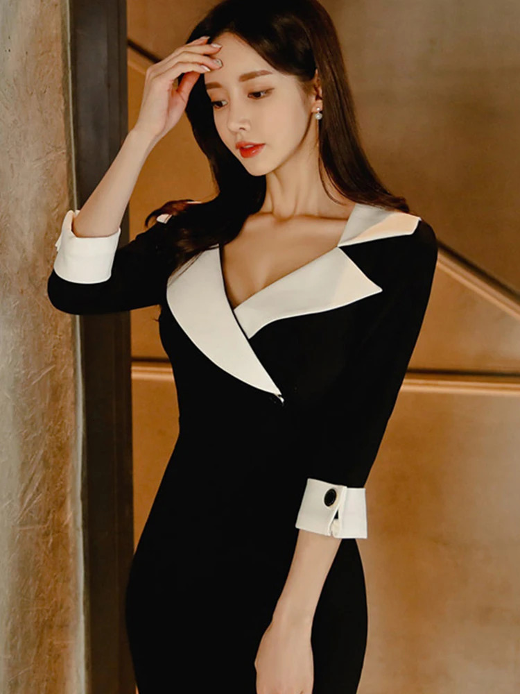 Fashion Elegant Office Lady Women Dress Sexy Retro Casual Turn-Down Collar Black Formal Slim Midi Party Pencil Femme Vestido 240106