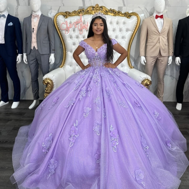 Mexico Purple Off The Shoulder All Gown Quinceanera Dre For Girl Eaded 3D Wer Applique Irthday Party Gown Prom Dree Sweet 16 0702