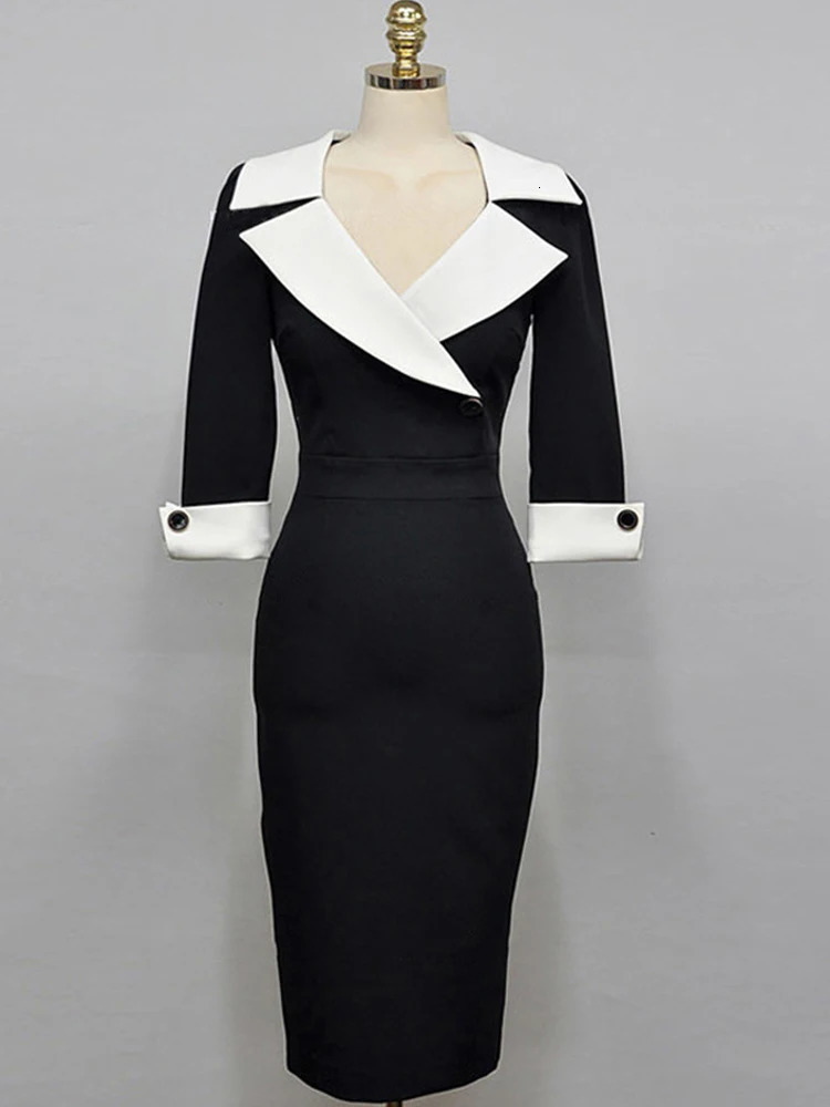 Fashion Elegant Office Lady Women Dress Sexy Retro Casual Turn-Down Collar Black Formal Slim Midi Party Pencil Femme Vestido 240106