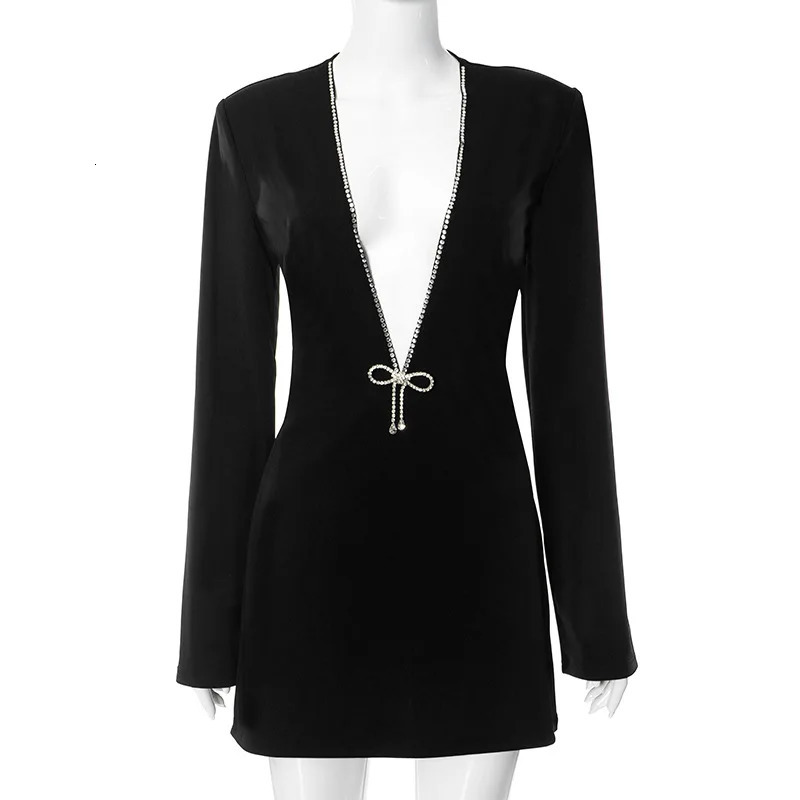 Ladies Elegant Deep V Long Sleeve Mini Dress Women Fashion Solid Color High Waist Slim Dresses Female Nightclub Party Vestidos 240106