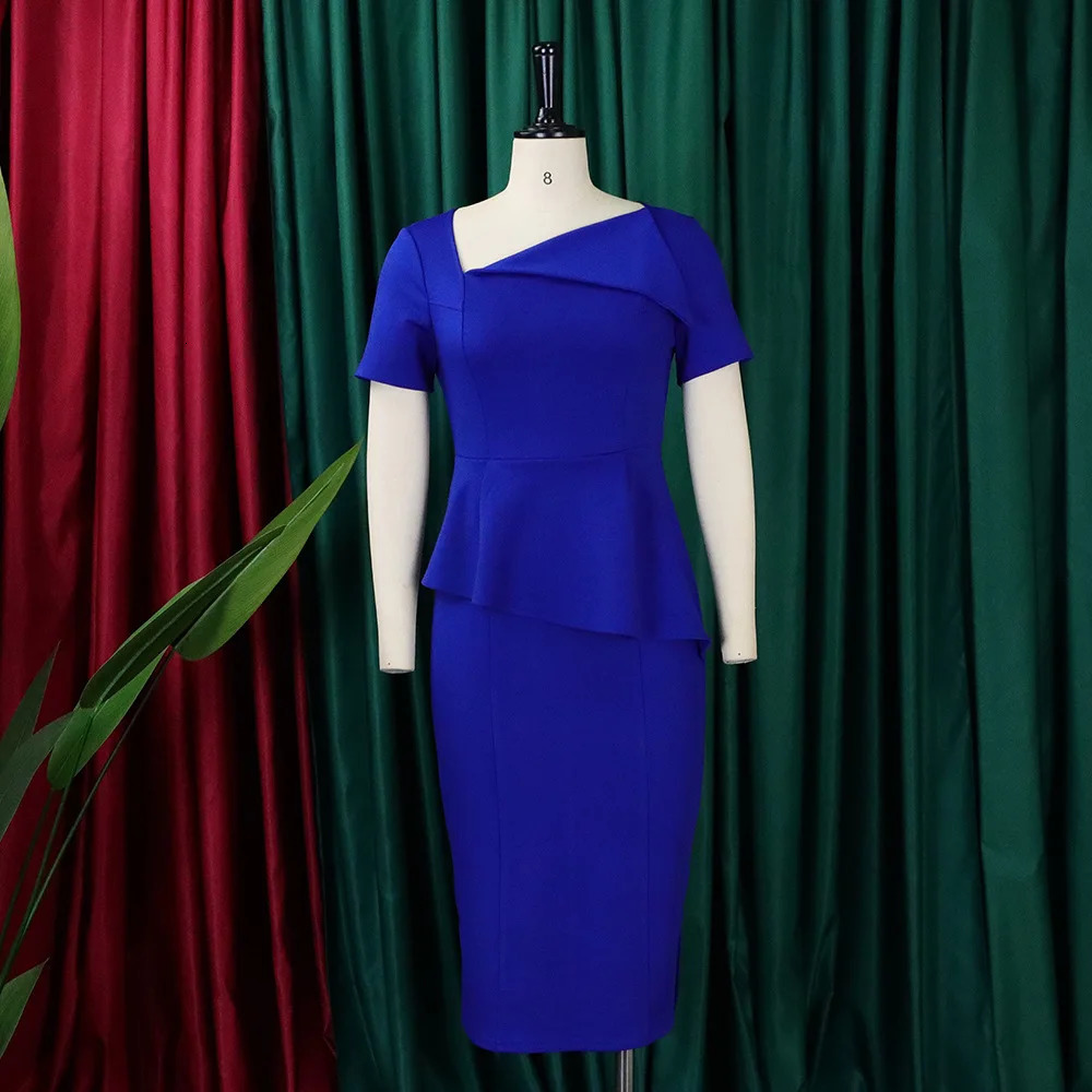 Elegant Bodycon Dresses for Women Asymmetric Collar Short Sleeve Sheath Package Hips Mid Calf Professional Ladies Business Dress 240106