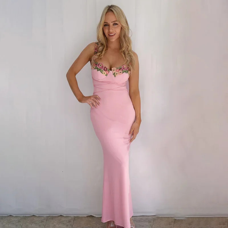 Autumn Winter Sexy Sleeveless Backless Floral Maxi Long Dresses Outfits for Women Lace Up Bandage Bodycon Party Club Dress Gift 240106