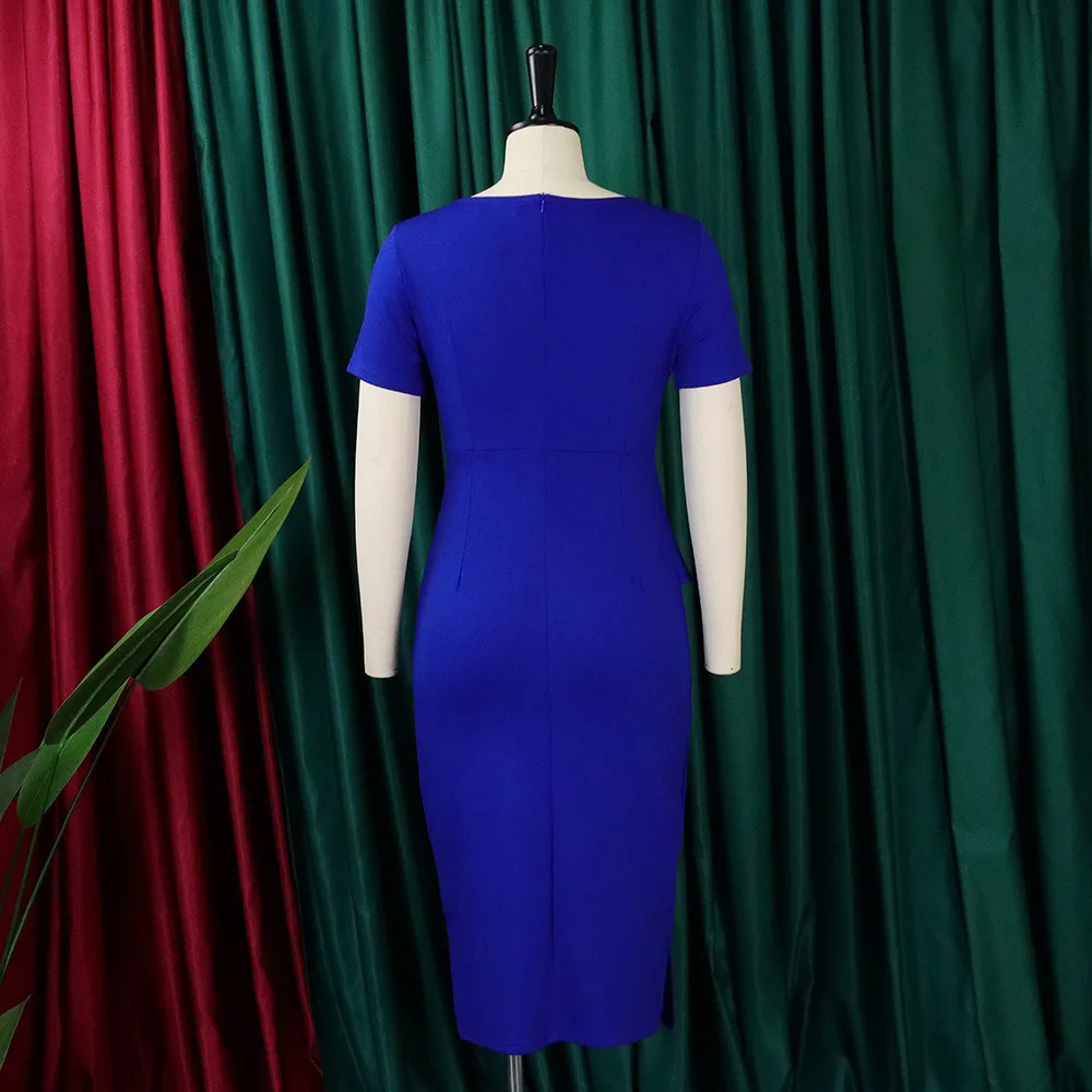 Elegant Bodycon Dresses for Women Asymmetric Collar Short Sleeve Sheath Package Hips Mid Calf Professional Ladies Business Dress 240106