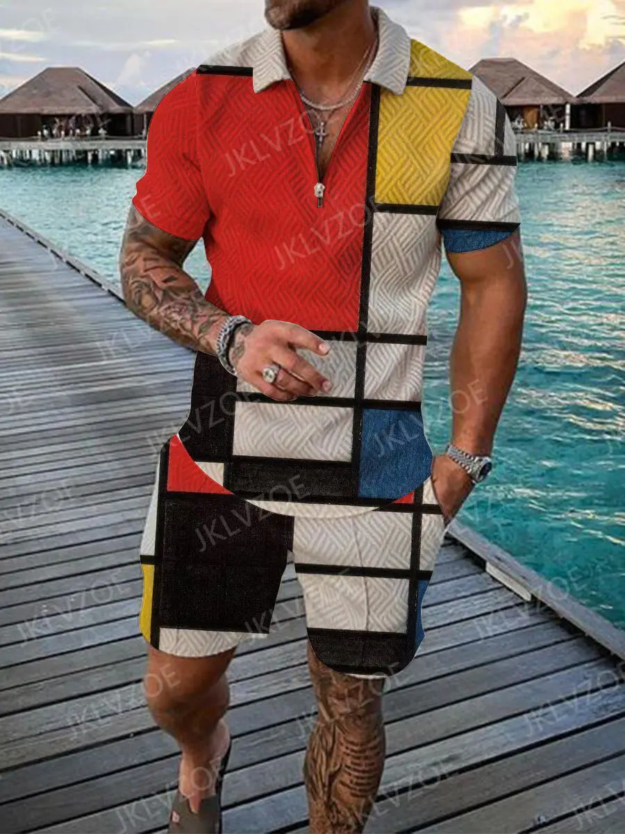 Summer Men's Tracksuit Set Polo Shirts Shorts Vintage Turn Down Collar Casual Shirt Suit Fashion Beach Outfits Male Clothing 240106