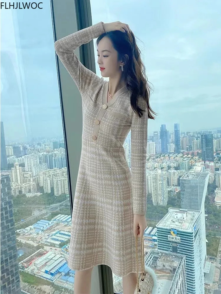 Stretchy Women Knitted Bodycon Sweater Pullover Dress Autumn Winter Vestidos Long Sleeve Slim Lady Chic Korean Plaid Dress 240106