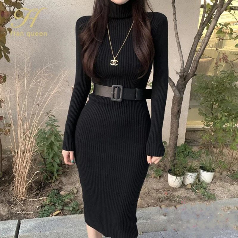H Han Queen Knitted Bodycon Dress Bottoming Women Soft Elastic Turtleneck Sweater Autumn Winter Midi Party Dresses With Belt 240106