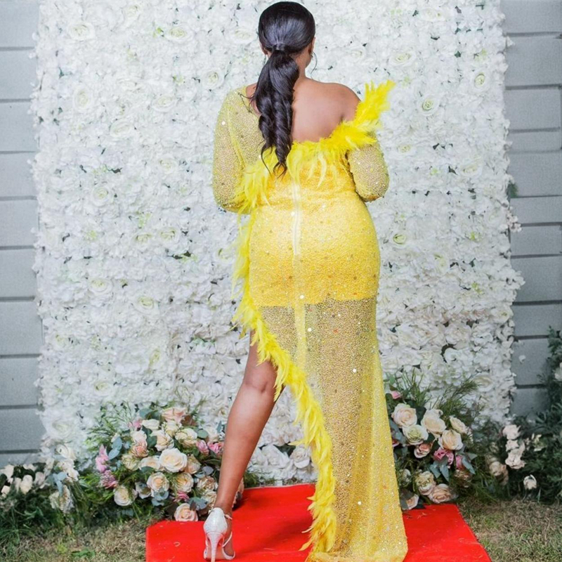 Plus Size Aso Ebi Prom Yellow Mermaid Asymmetrical Feathered Lace Evening Dresses for Special Ocns Birthday Party Gowns Second Reception Dress ST762