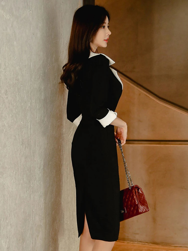 Fashion Elegant Office Lady Women Dress Sexy Retro Casual Turn-Down Collar Black Formal Slim Midi Party Pencil Femme Vestido 240106
